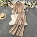 Women's Elegant Knit Loungewear Set with Decorative Buttons and Wide Leg