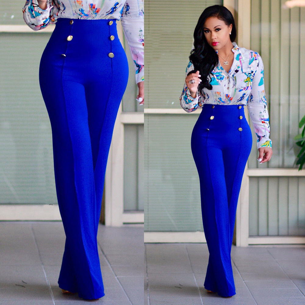 Women's High-Waisted Palazzo Pants with Decorative Buttons