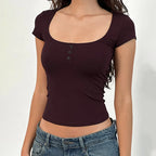 Women's Fitted Short-Sleeve Shirt with Deep Round Neck and Button Placket