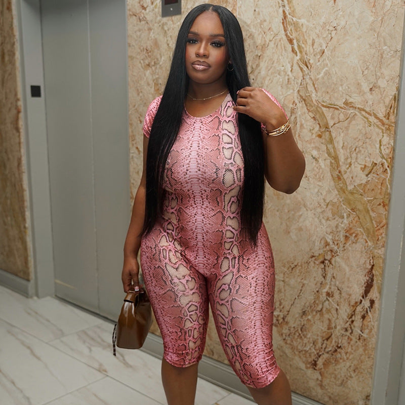 Form-Fitting Short Jumpsuit with Snake Print