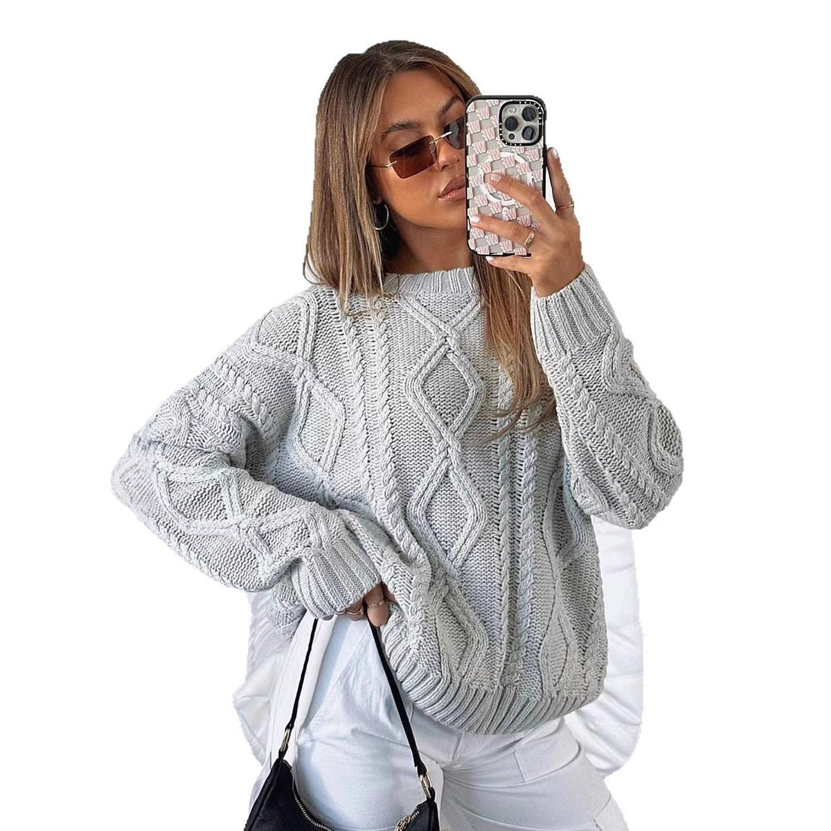 Women's Chunky Knit Sweater with Cable Knit Pattern