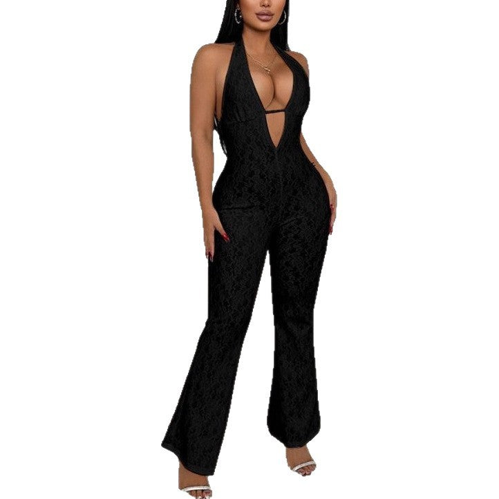 Elegant Jumpsuit with Deep V-Neck and Lace Details