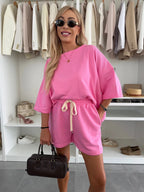 Women's Casual Oversized T-Shirt and Shorts Set with Adjustable Waist