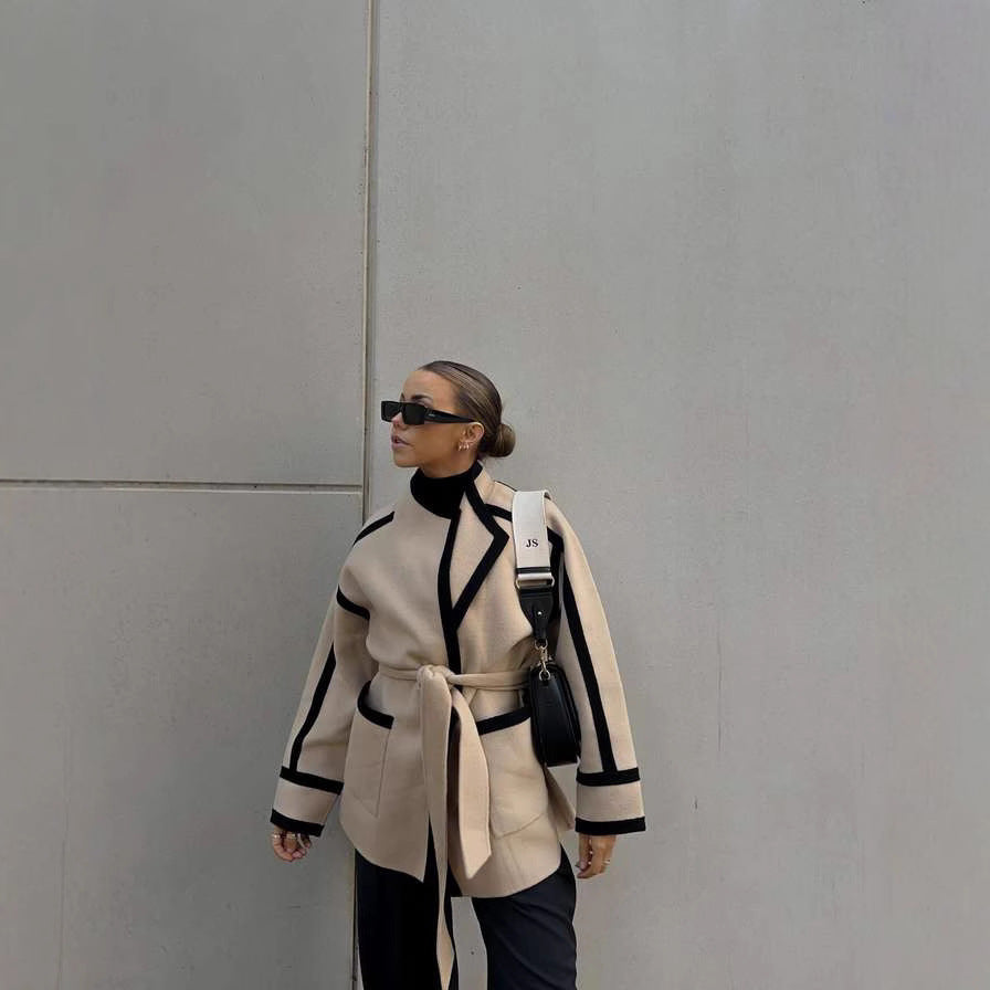 Women's Fashionable Oversized Coat with Belt and Graphic Contrasts