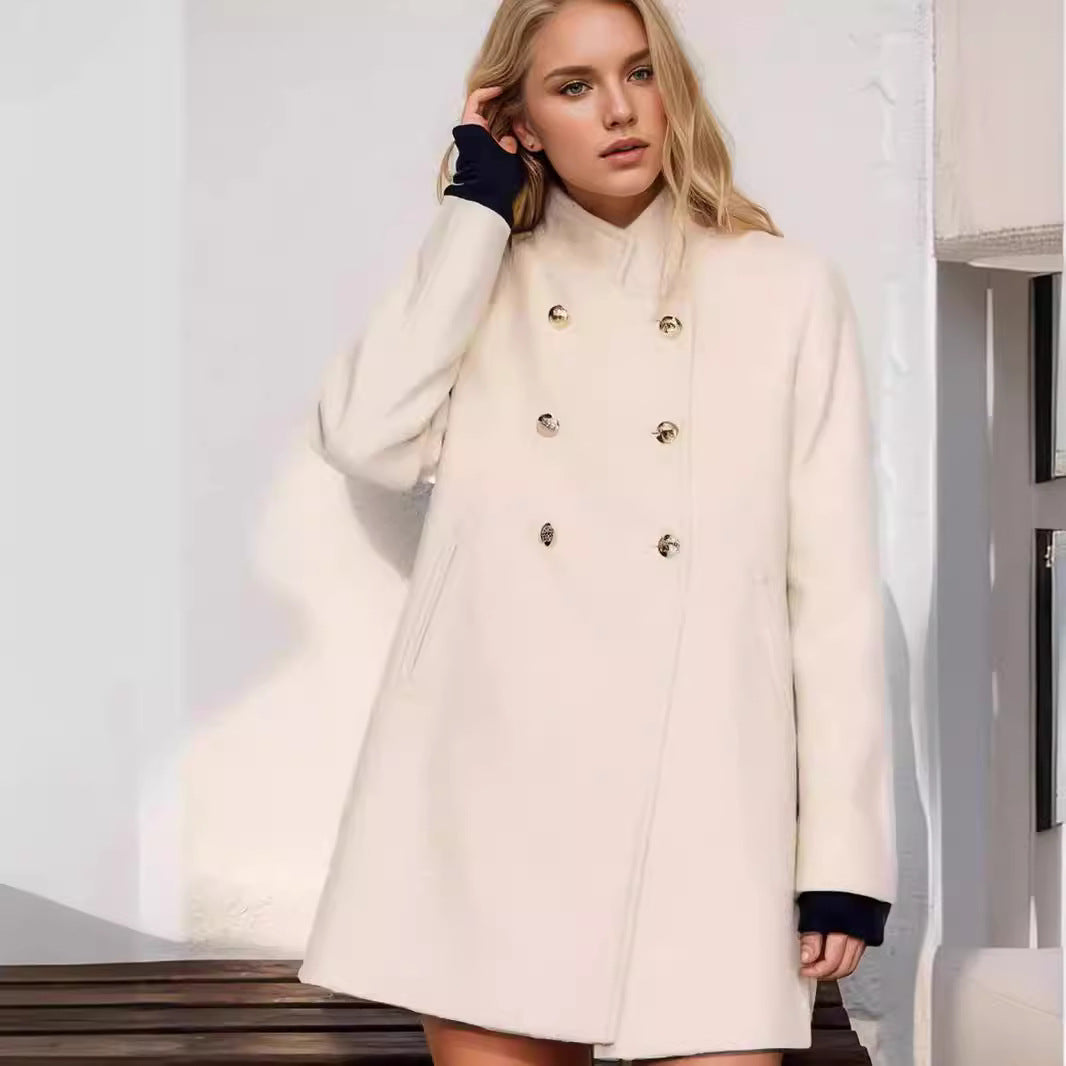 Women's Elegant Short Coat with Double-Breasted Buttons and Silky Details