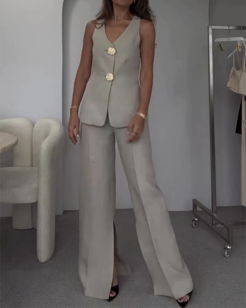 Two-Piece Suit Set with Deep V-Neck