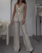 Two-Piece Suit Set with Deep V-Neck