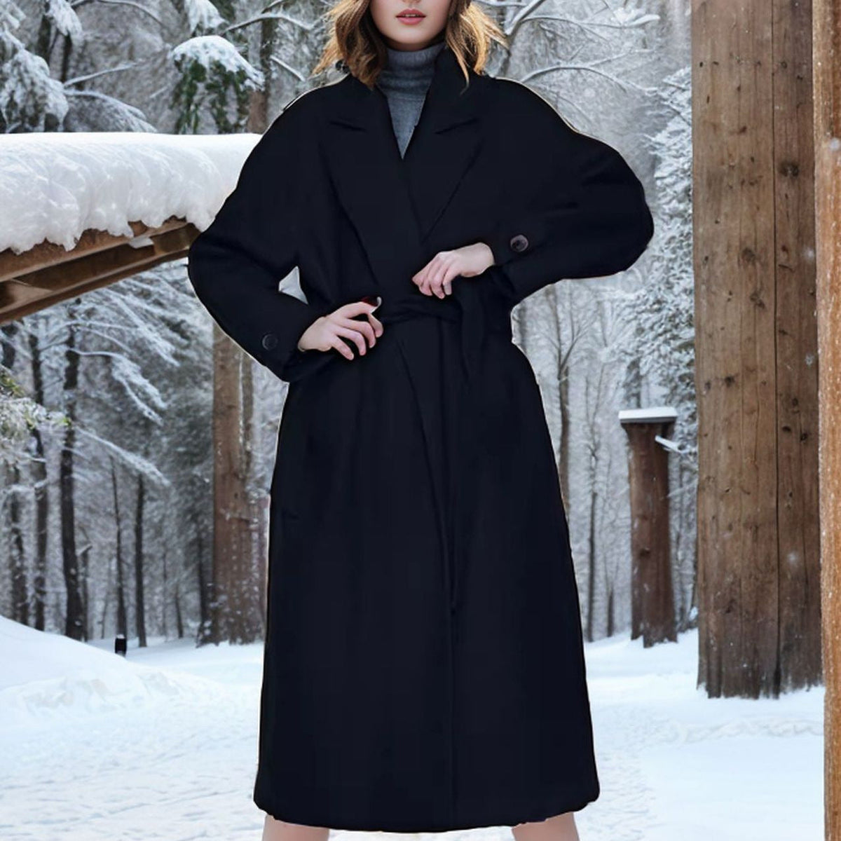 Women's Elegant Long Coat with Wide Lapel and Belt