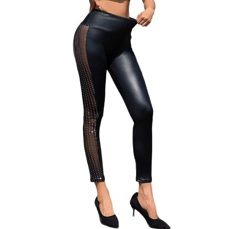 Women's High-Gloss Leggings with Transparent Mesh Inserts and Rhinestone Detail