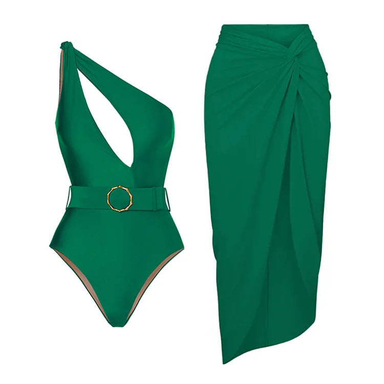 Women's Swimwear Set with Draping and Belt