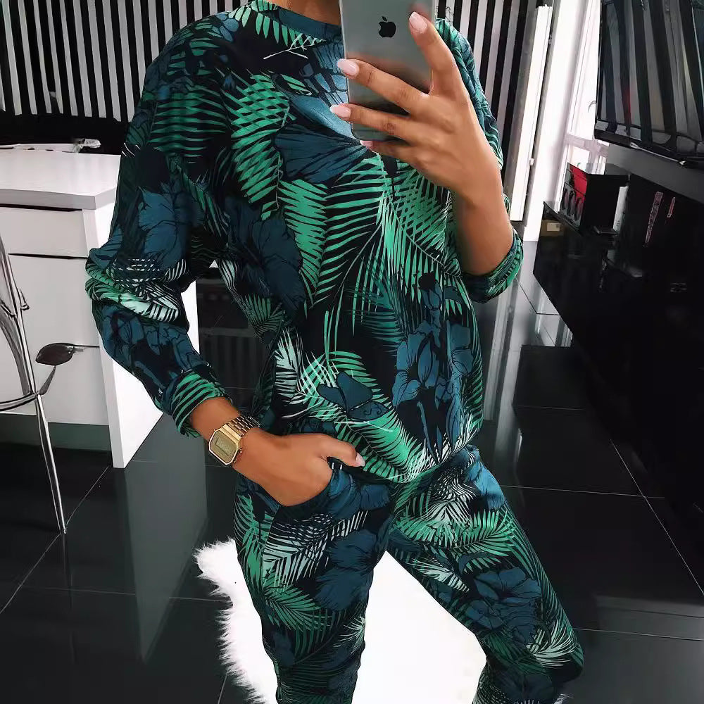 Women's Casual Suit with Floral Print and Pockets