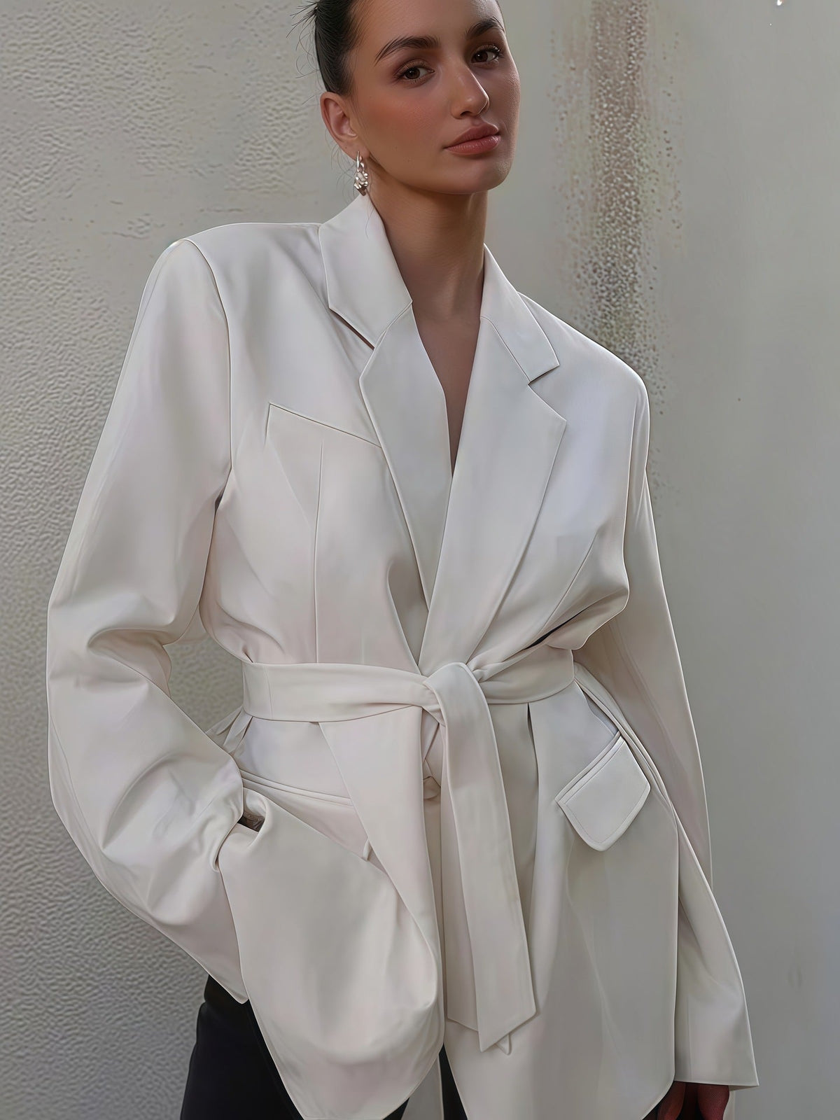 Women's Elegant Blazer Jacket with Belt and Pockets