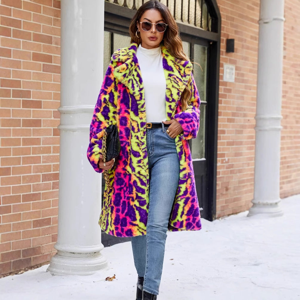 Women's Eye-Catching Faux Fur Coat with Modern Pattern
