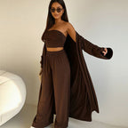 Women's Elegant 3-Piece Set with Wide-Leg Trousers and Fitted Top