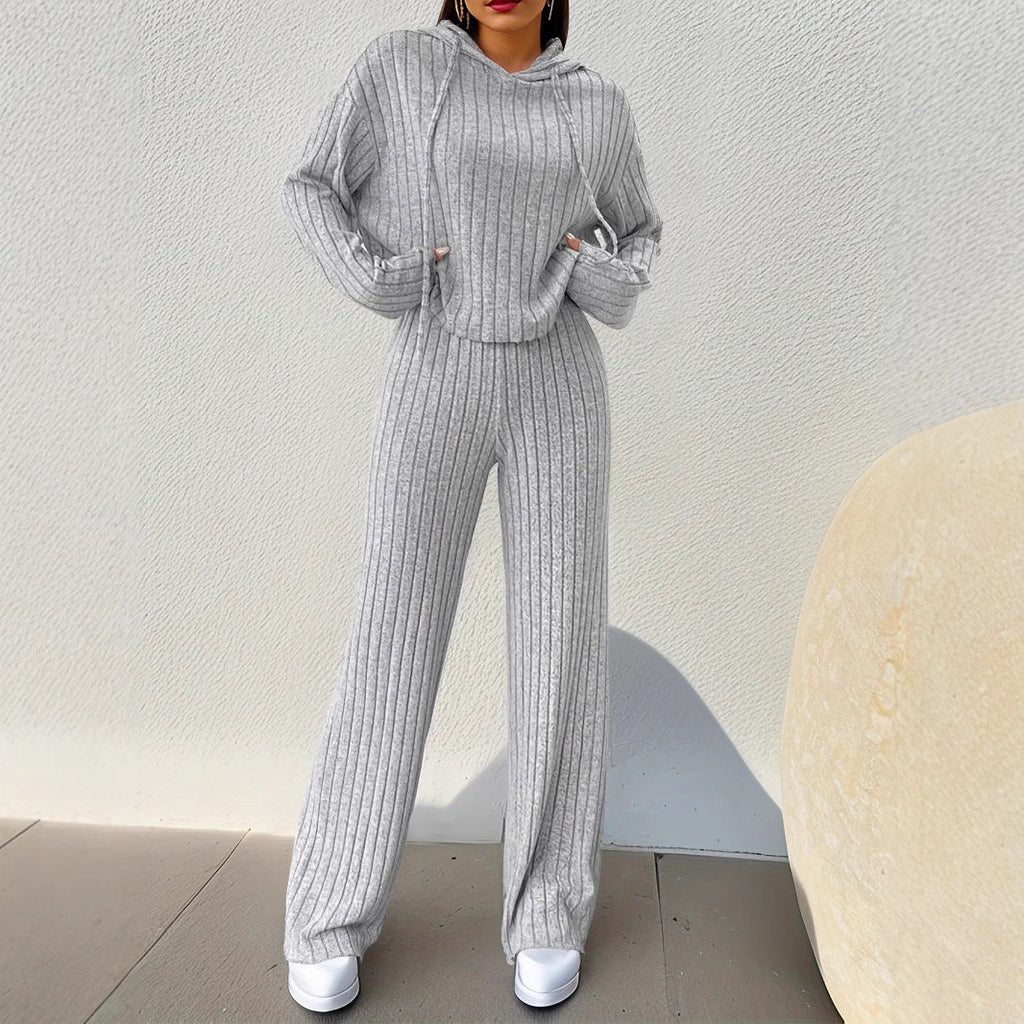 Women's Casual Knit Lounge Set with Hood and Wide Cut
