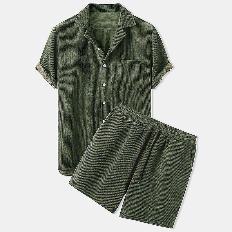 Men's short-sleeve leisure set with waffle texture, lapel collar and drawstring pants