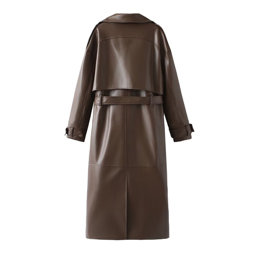 Women's Faux Leather Trench Coat with Elegant Cut and Belt
