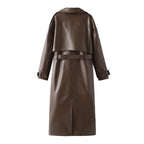 Women's Faux Leather Trench Coat with Elegant Cut and Belt