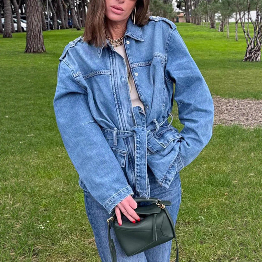 Women's Elegant Denim Jacket with Adjustable Waist
