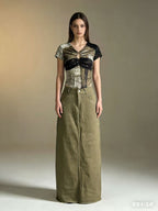 Women's High-Waisted Denim Maxi Skirt with Frayed Hem