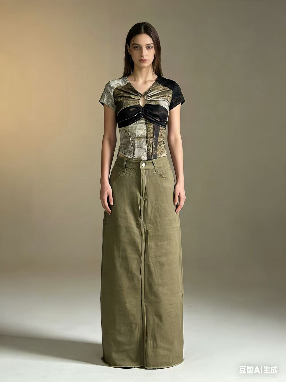 Women's High-Waisted Denim Maxi Skirt with Frayed Hem