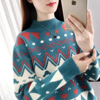 Women's Festive Knit Sweater in Modern Holiday Design with Geometric Pattern