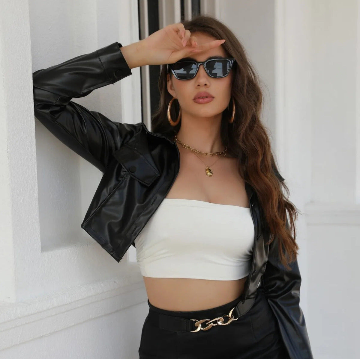 Women's Cropped Faux Leather Jacket with Fashionable Details