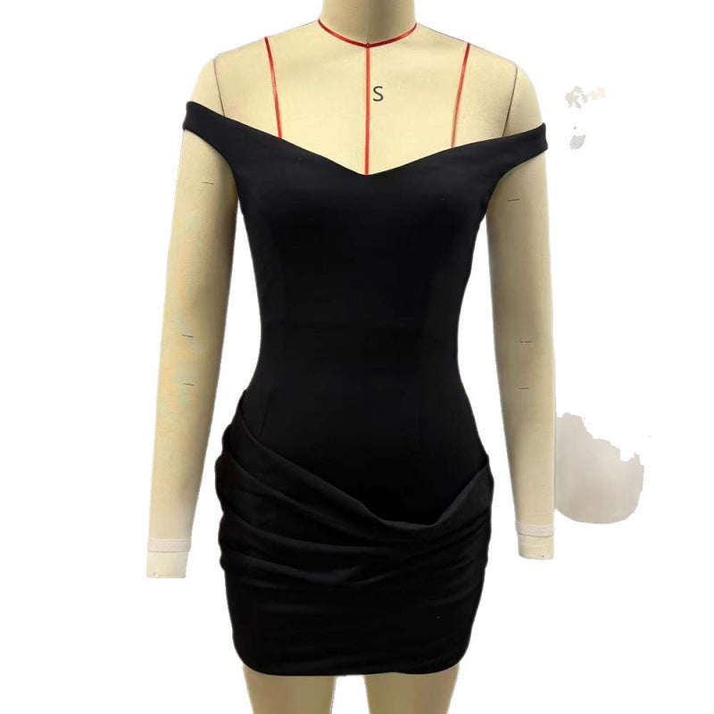 Elegant Off-Shoulder Mini Dress with Deep V-Neck and Gathered Hem