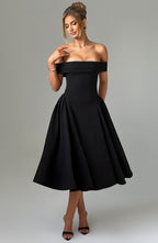 Women's Cocktail Dress with Off-Shoulder Design and Voluminous Skirt