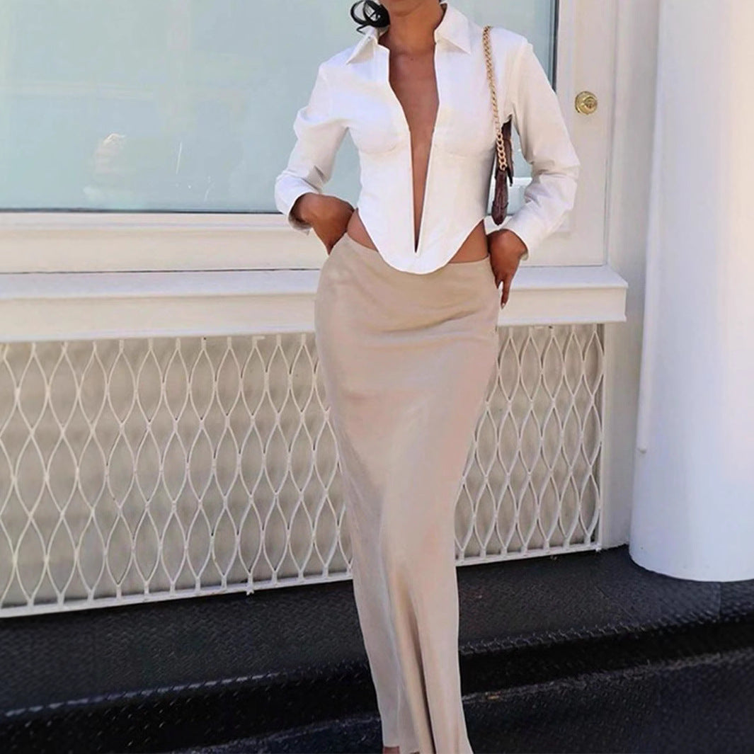 Women's Blouse Bodysuit with Deep V-Neck and Tailored Cut
