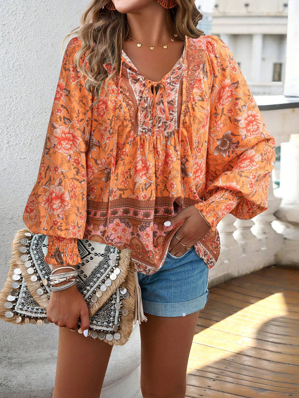 Women's Blouse with Floral Patterns and Tie Neckline