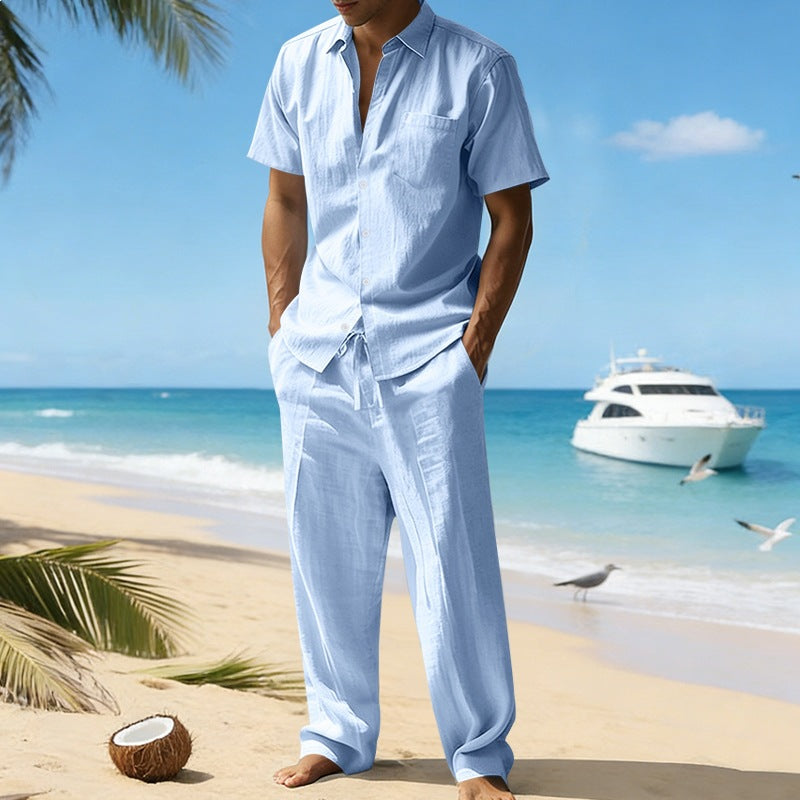 Men's resort-appropriate short-sleeve shirt with chest pocket and casual linen drawstring pants