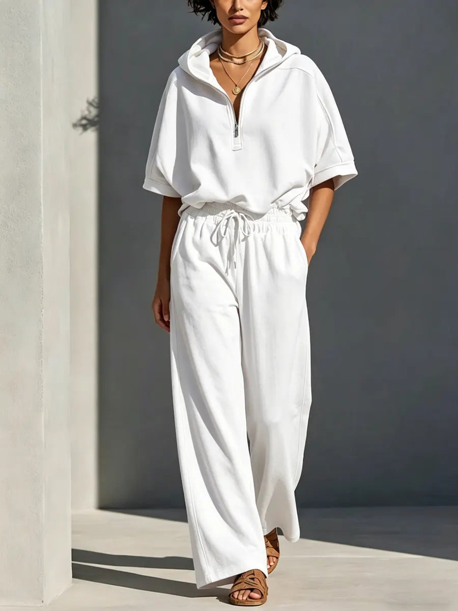 Women's Casual Lounge Set with Half-Zip Hoodie and Wide Palazzo Pants