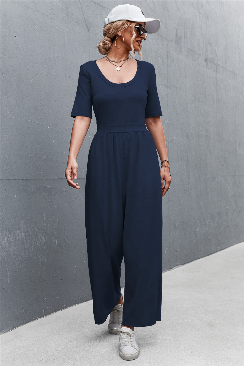 Women's Wide-Leg Jumpsuit with Elegant Round Neck