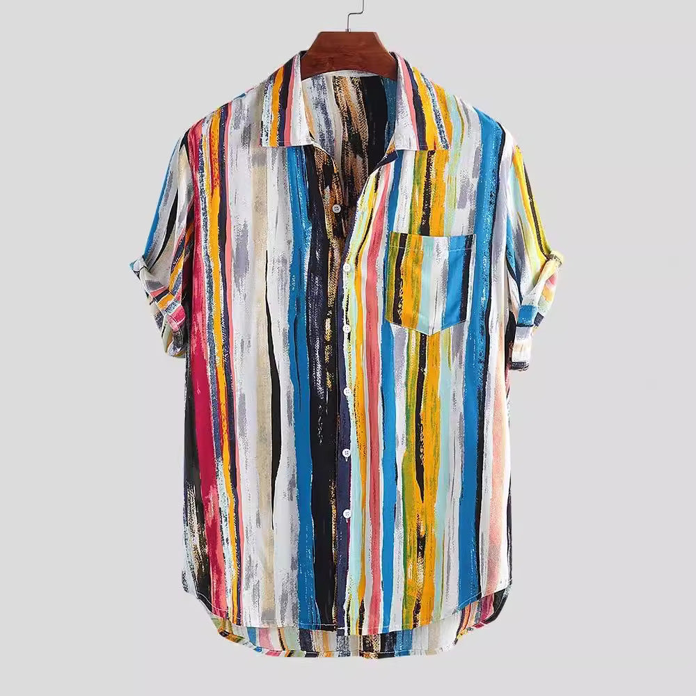 Women's Short-Sleeve Shirt with Modern Striped Pattern and Chest Pocket