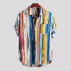 Women's Short-Sleeve Shirt with Modern Striped Pattern and Chest Pocket