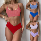 Women's Swimsuit Set with Striped Crop Top and High-Waisted Shorts