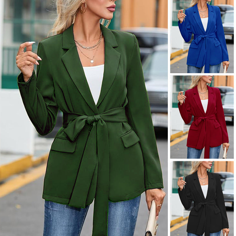 Elegant Blazer with Waist Belt and Pockets