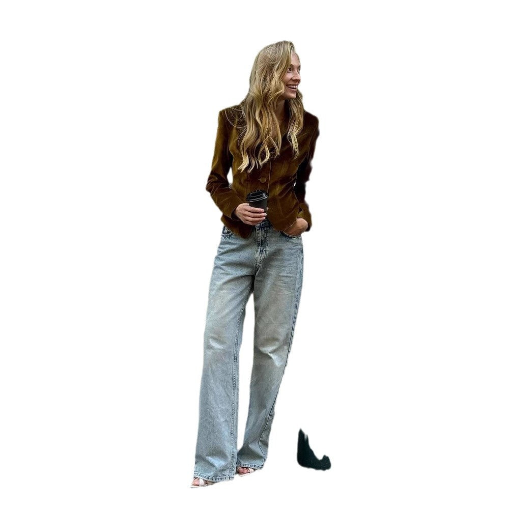 Women's Elegant Blazer Jacket with Double Button Closure and Soft Gloss Effects