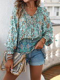 Women's Blouse with Floral Patterns and Tie Neckline