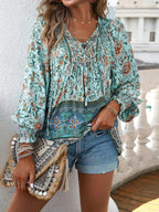 Women's Blouse with Floral Patterns and Tie Neckline