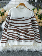 Women's Cozy Knit Sweater with Modern Zebra Stripe Pattern and Comfortable Fit