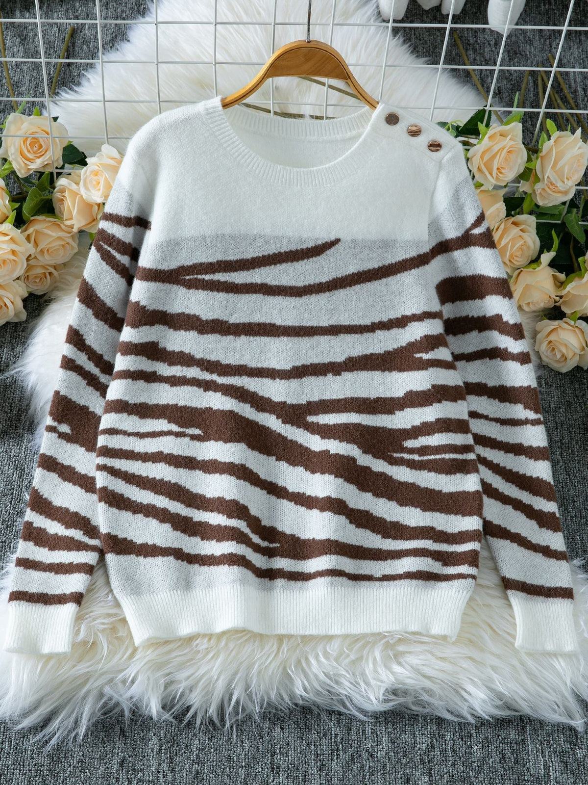 Women's Cozy Knit Sweater with Modern Zebra Stripe Pattern and Comfortable Fit