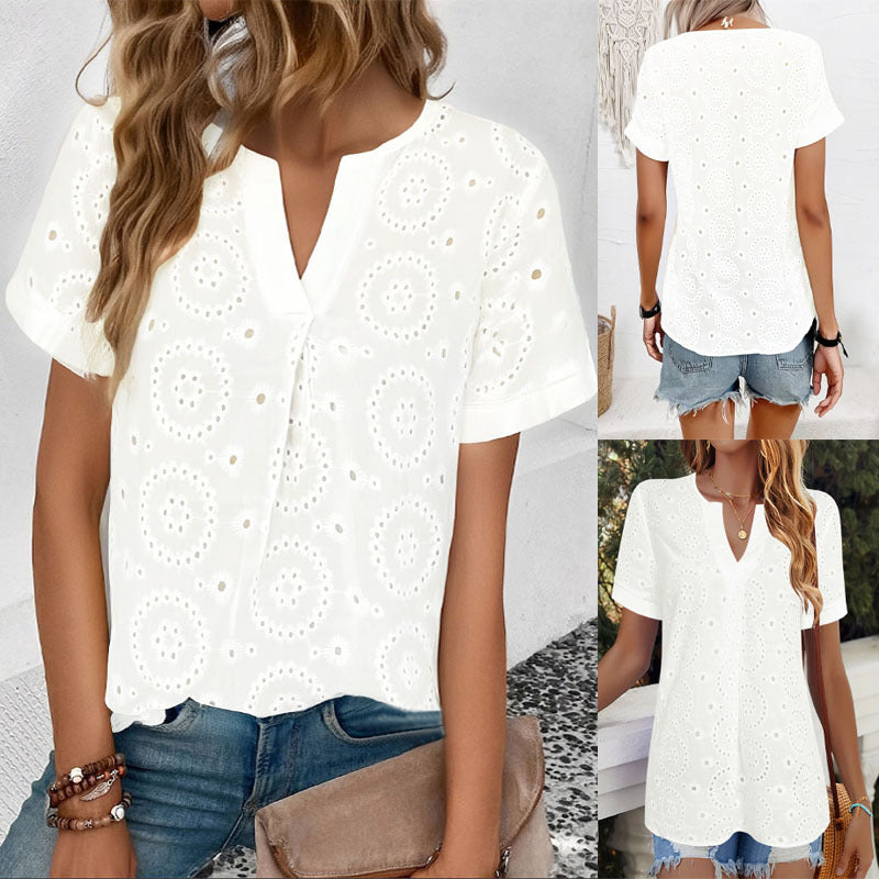 Women's Floral Eyelet Blouse with V-Neck