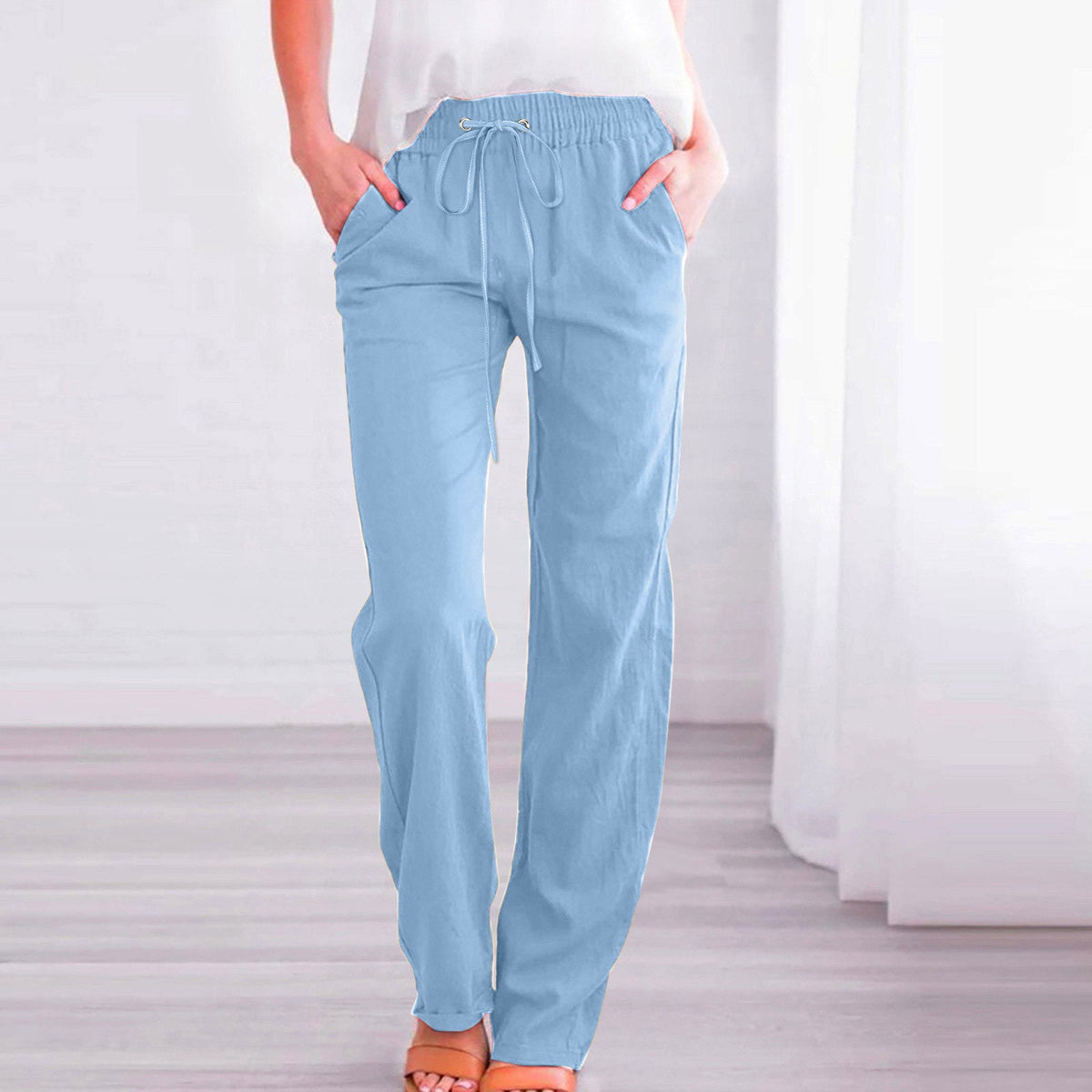 Women's Comfortable Linen Pants with Elastic Waist and Pockets