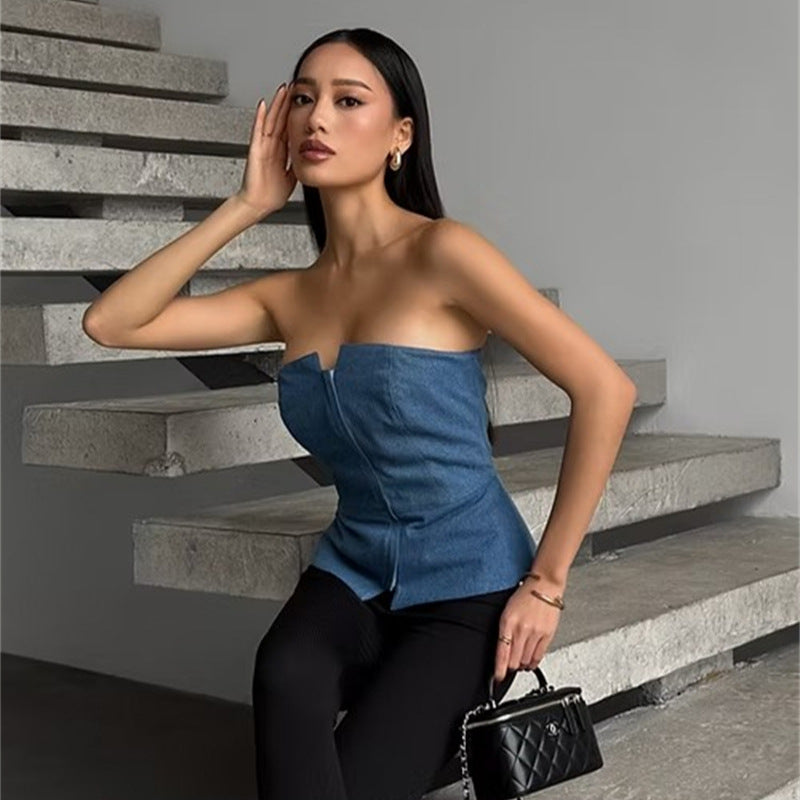 Women's Sleeveless Denim Top with Zipper