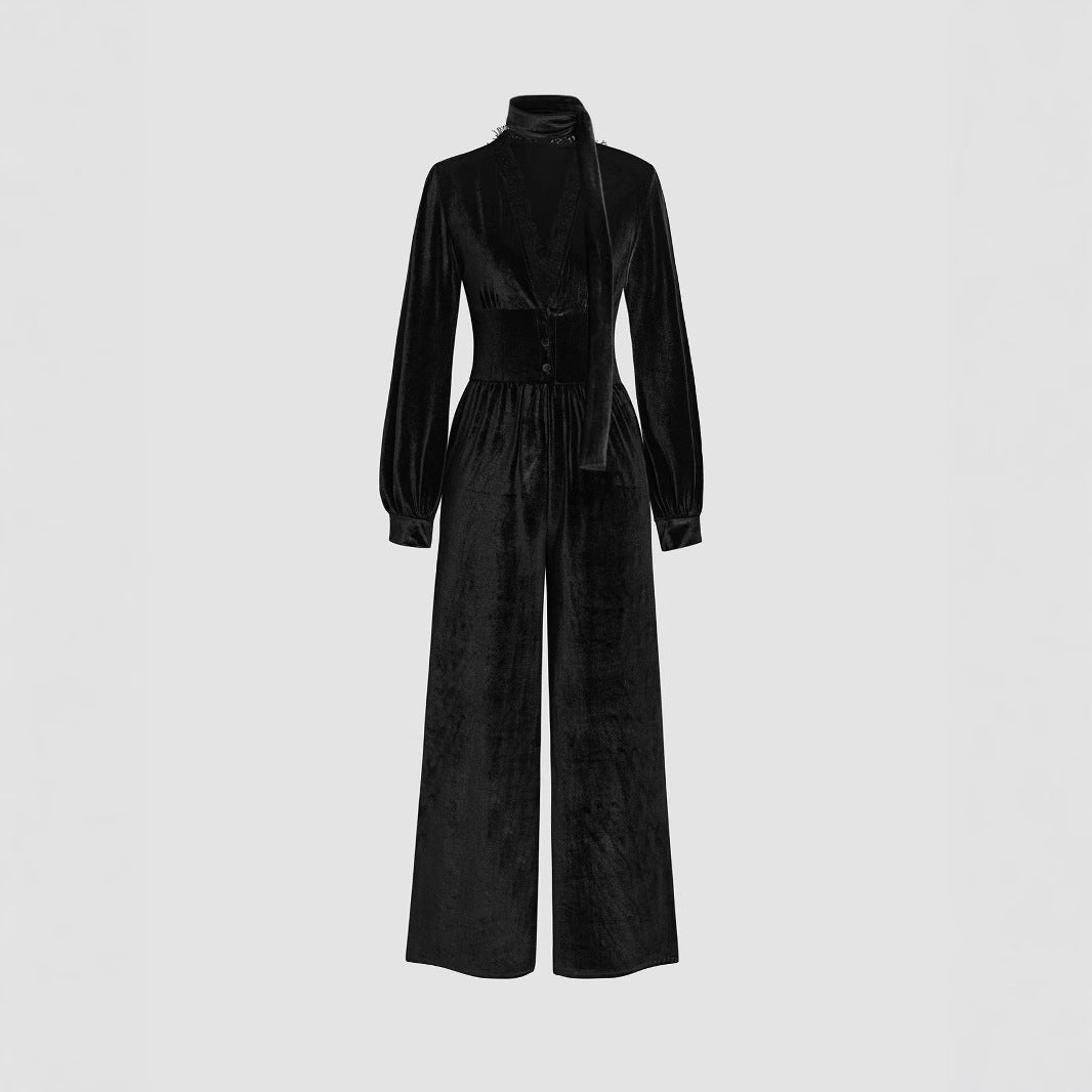 Women's Elegant Velvet Jumpsuit with Collar and Wide Leg