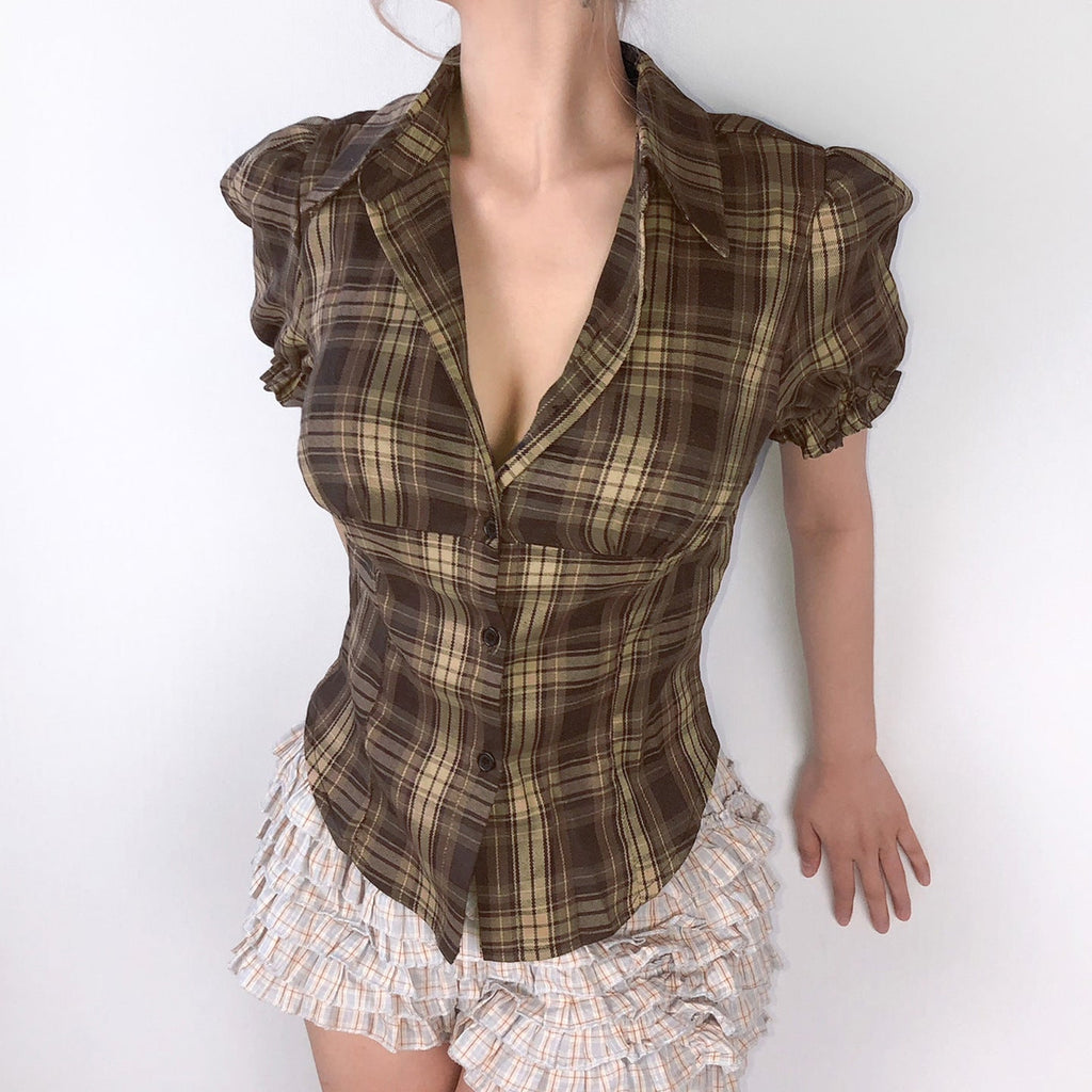 Women's Plaid Shirt with Puff Sleeves and Button Detail