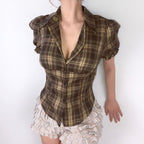 Women's Plaid Shirt with Puff Sleeves and Button Detail