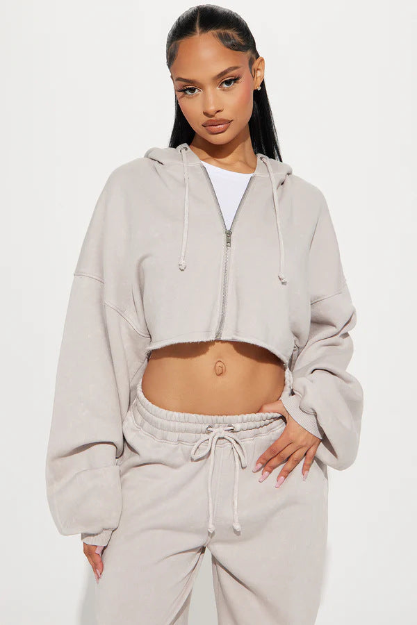 Women's Fleece Hooded Crop Top and Wide-Leg Jogger Lounge Set